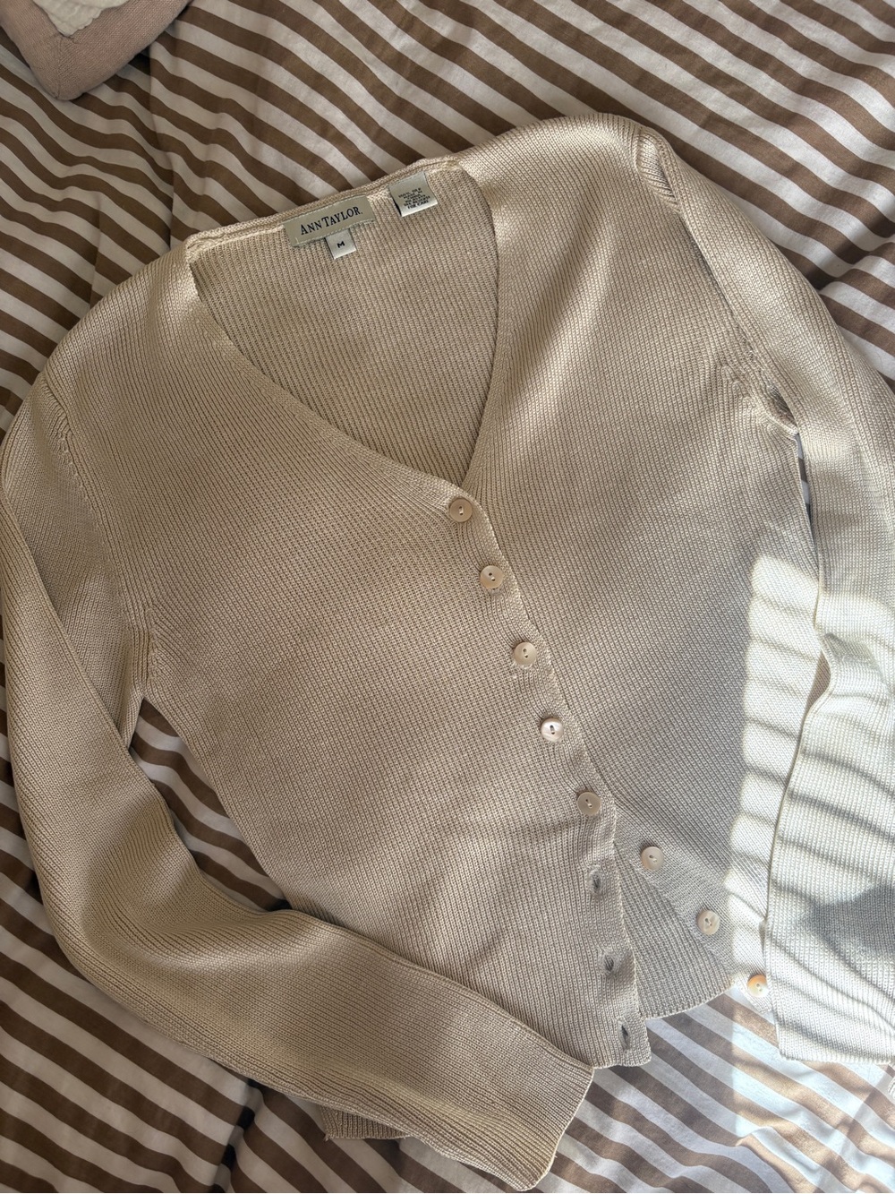 Ann Taylor Silk Cream V-Neck Button Front Sweater